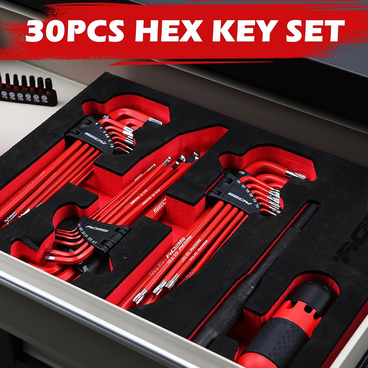 SEDY Juego de 30 piezas de llaves de brazo largo con punta de bola L-Hex y Torx con mango de agarre, juego de llaves hexagonales ultimate con mango en T y barras de extensión, SAE 1/16" a 3/8