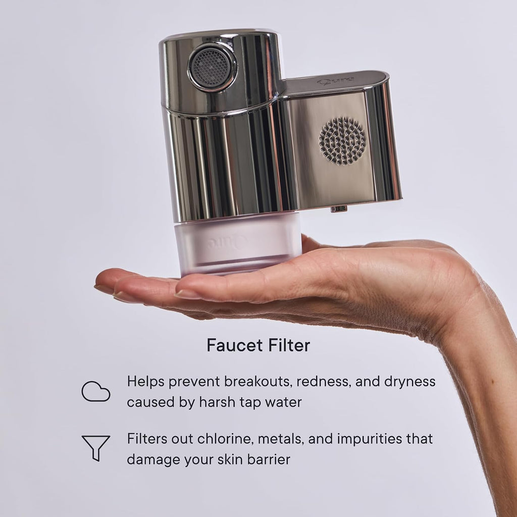 Qure Skincare - Grifo de agua con filtro para lavabo de baño, reduce el 99% de cloro y metales pesados, hidratación de la piel en 4 semanas, reduce la acumulación, equilibra el pH, piel y cabello más suaves, color plateado