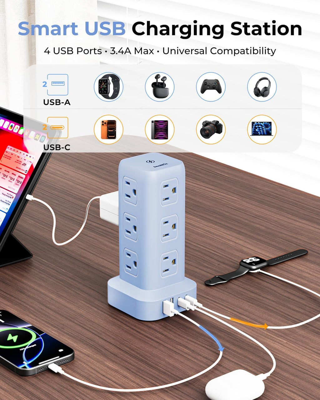 Regleta azul con 12 tomacorrientes, 4 USB (1 USB C), cable de extensión de 6.5 pies con múltiples tomas, estación de carga, torre de regleta de alimentación, suministros de escritorio de oficina en