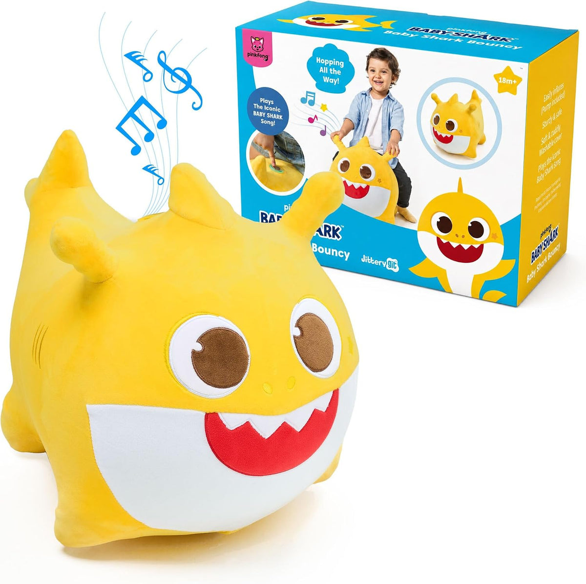 JITTERYGIT Baby Shark Pinkfong - Juguete musical oficial de peluche con forma de tolva animal, juguete inflable para llevar, regalo de cumpleaños para niños y niños pequeños (niños y niñas) a partir