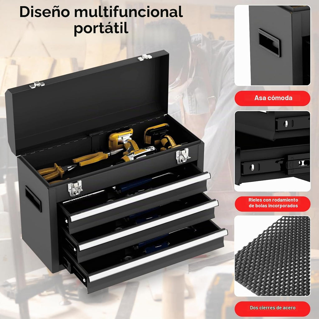 Caja de herramientas portátil de metal con 3 cajones, caja de herramientas metálica portátil con forros EVC y cierres de pestillo, cofre de herramientas de acero resistente con apertura de