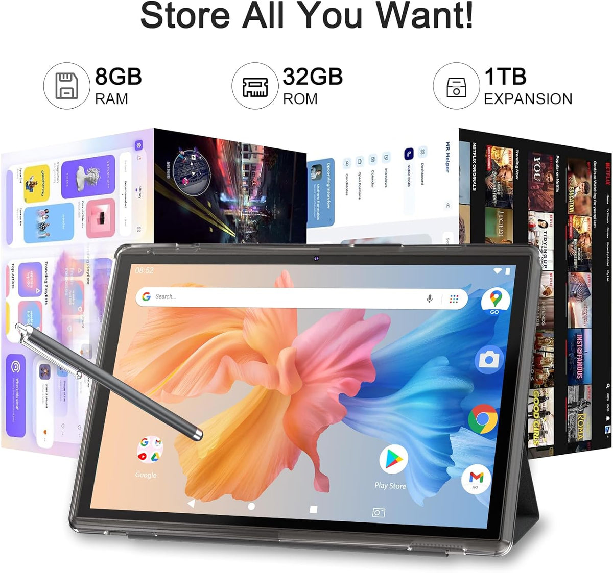 Tableta de 10 pulgadas Android 15 con funda, 6GB RAM+32GB ROM+1024G...