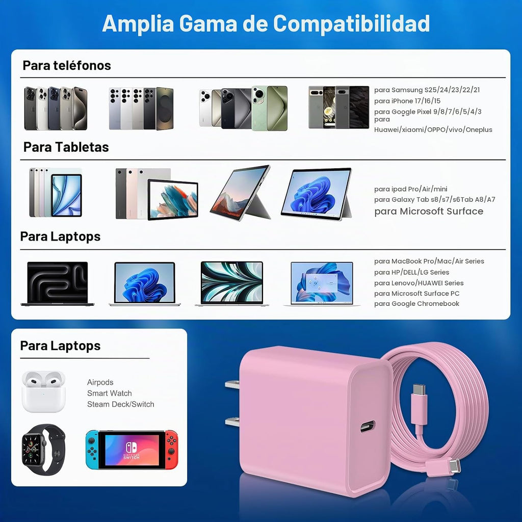 Cargador de carga rápida para iPhone 16 y 15, paquete de 3 cargadores USB C PD de 20 W con cable de 10 pies, cable USB C tipo C para iPhone 16/16 Plus/16 Pro/16 Pro Max/15/15 Pro/15 Pro Max (rosa)
