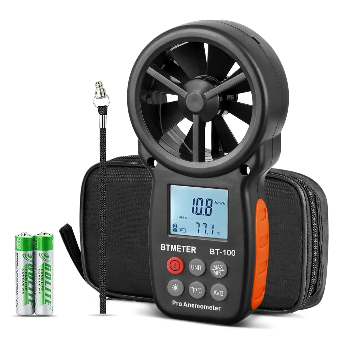 BT-100 Anemómetro de mano, medidor digital de velocidad del viento CFM probador medidor de velocidad de flujo de aire para dron de filmación HVAC, sensación térmica, temperatura del viento de