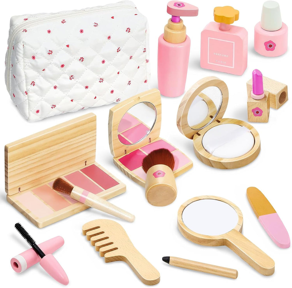 Juego de juguetes de maquillaje de madera para niños pequeños [2026] Kit de maquillaje para niñas de 3 a 5 años con lápiz labial de madera, espejo, pinceles, juego de cosméticos, regalo de cumpleaños para niñas de 3, 4, 5, 6 años