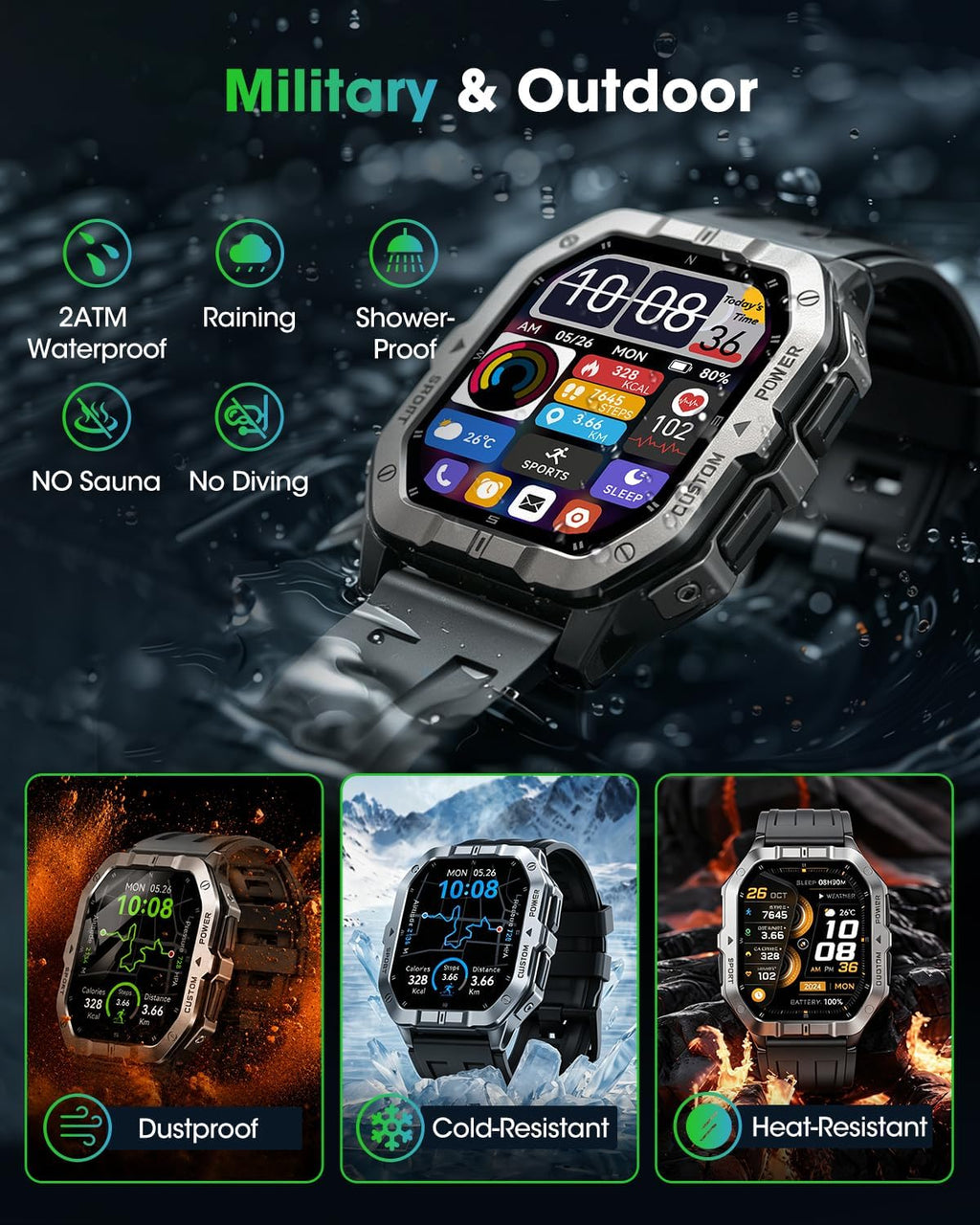 Reloj inteligente militar GPS integrado, llamadas Bluetooth, para iPhone y