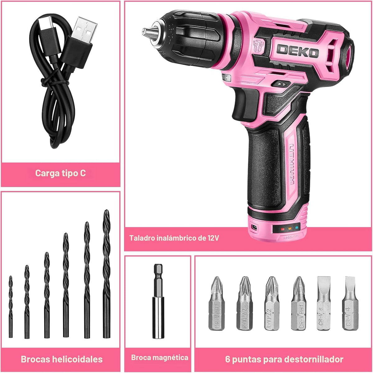 Taladro inalámbrico: juego de taladro eléctrico DEKOPRO de 12 V con taladros eléctricos rosa de 800 RPM con caja de regalo, juego de taladro rosa para mujer