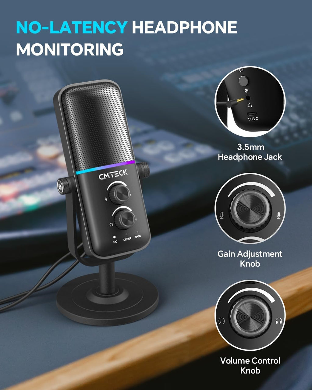 CMTECK Micrófono USB para PC, PS4/PS5, portátil, micrófono de computadora con iluminación RGB, botón de silencio, ganancia de micrófono, Plug & Play, 3 modos de sonido para transmisión, podcasting, grabación