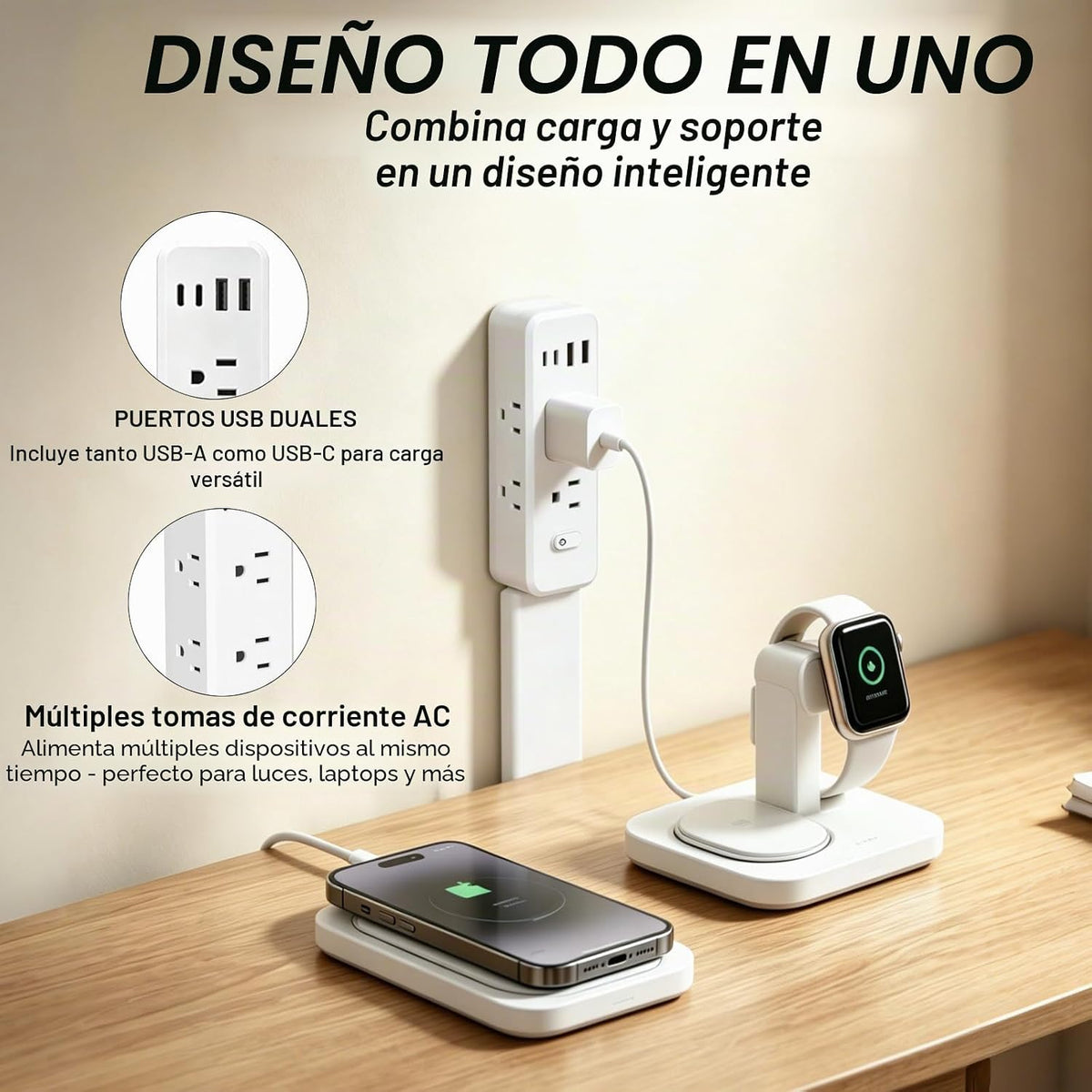 Extensor de tomacorriente: cuenta con 2 USB-A, 2 salidas USB-C y 6 salidas de CA, se extiende de 22 a 35 pulgadas, gira 360° de acceso de difícil acceso, enchufes de pared, mesitas de noche, sofás