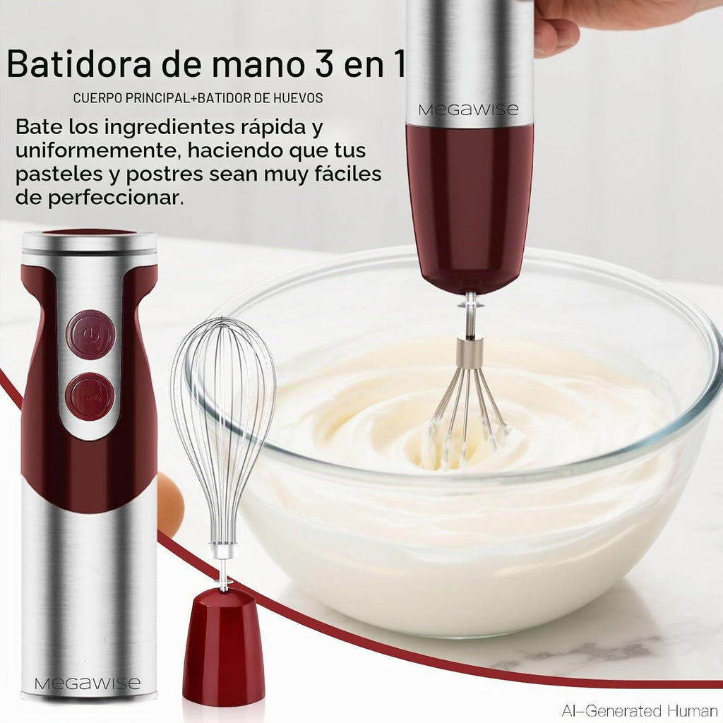 MEGAWISE - Batidora de mano de inmersión 3 en 1, batidora de barra de 12 velocidades con turbo, batidor de huevo y espumador de leche para sopas, salsas, batidos y alimentos para bebés, rojo