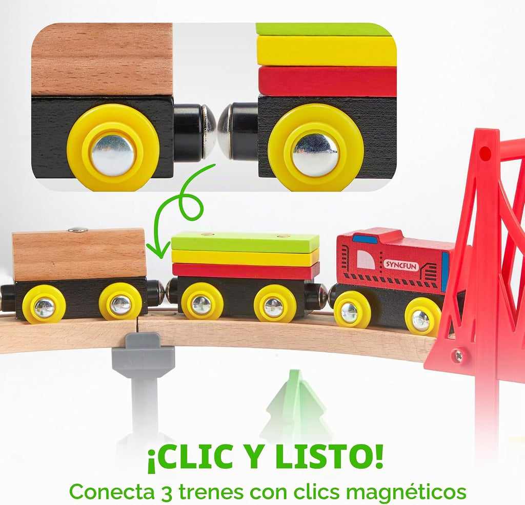 Juego de trenes de madera de 60 piezas, trenes magnéticos de juguete con pista de madera para niños de 3 a 8 años, juego de tren de grúa de construcción, regalo perfecto de cumpleaños de Pascua para nietos, niños y niñas