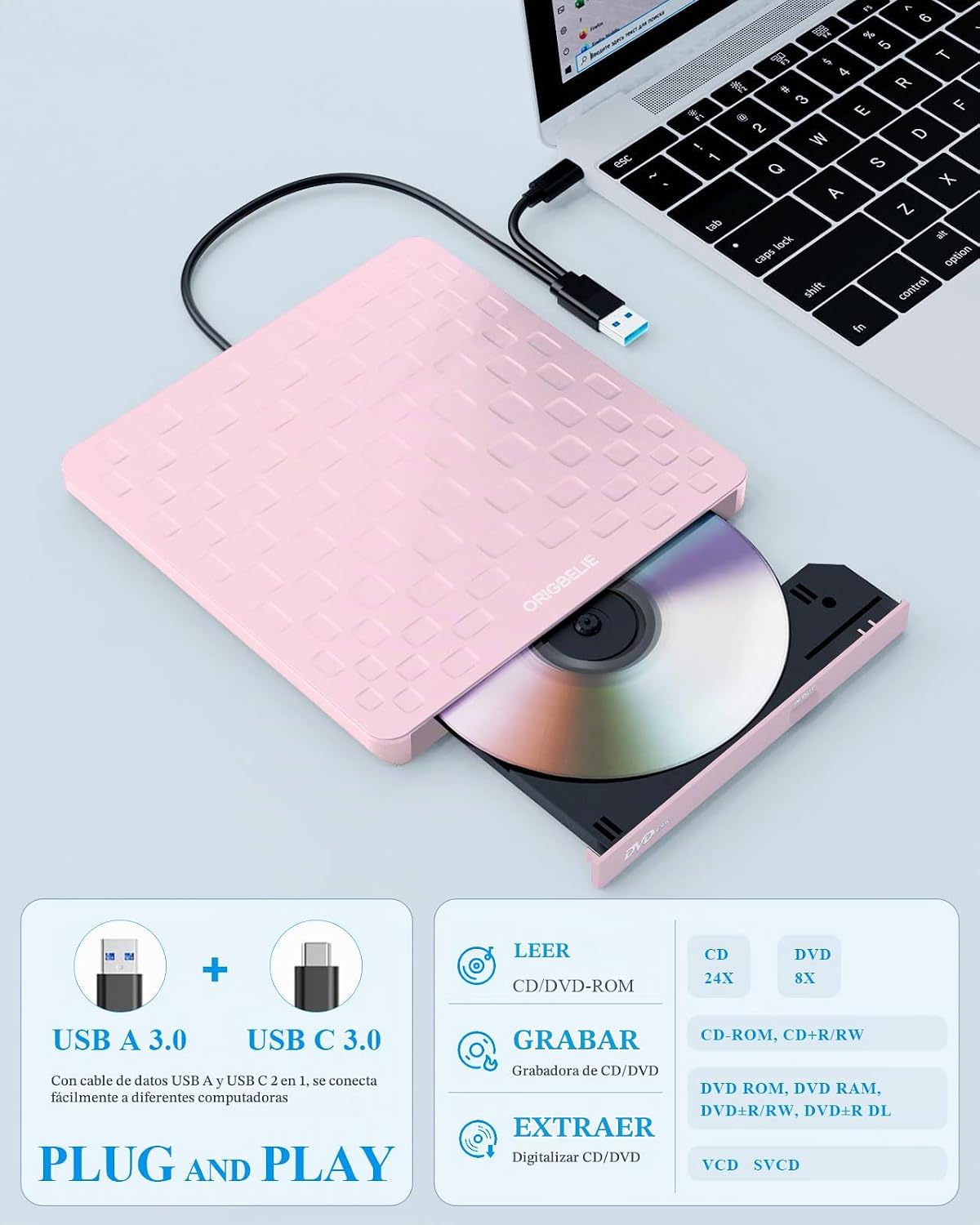ORIGBELIE Unidad Externa de CD DVD para Portátil, USB 3.0 Tipo-C Ul...