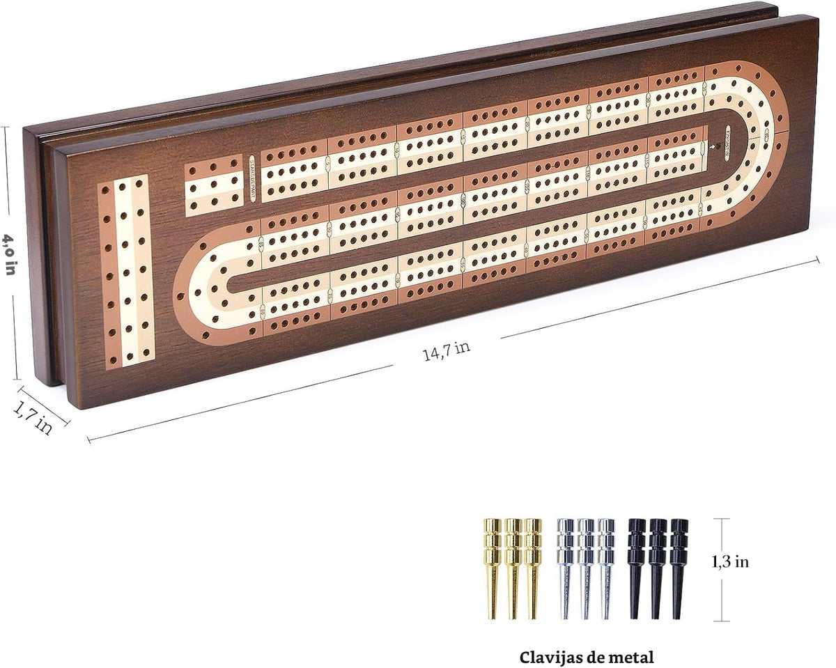 AMEROUS Juego de Cribbage de Mesa de Madera con Bloqueo Magnético - Clavijas de Metal - 2 Cartas de Juego - Tablero Continuo de 3 Vías - Área de Almacenamiento Más Grande, Juegos de Cribbage
