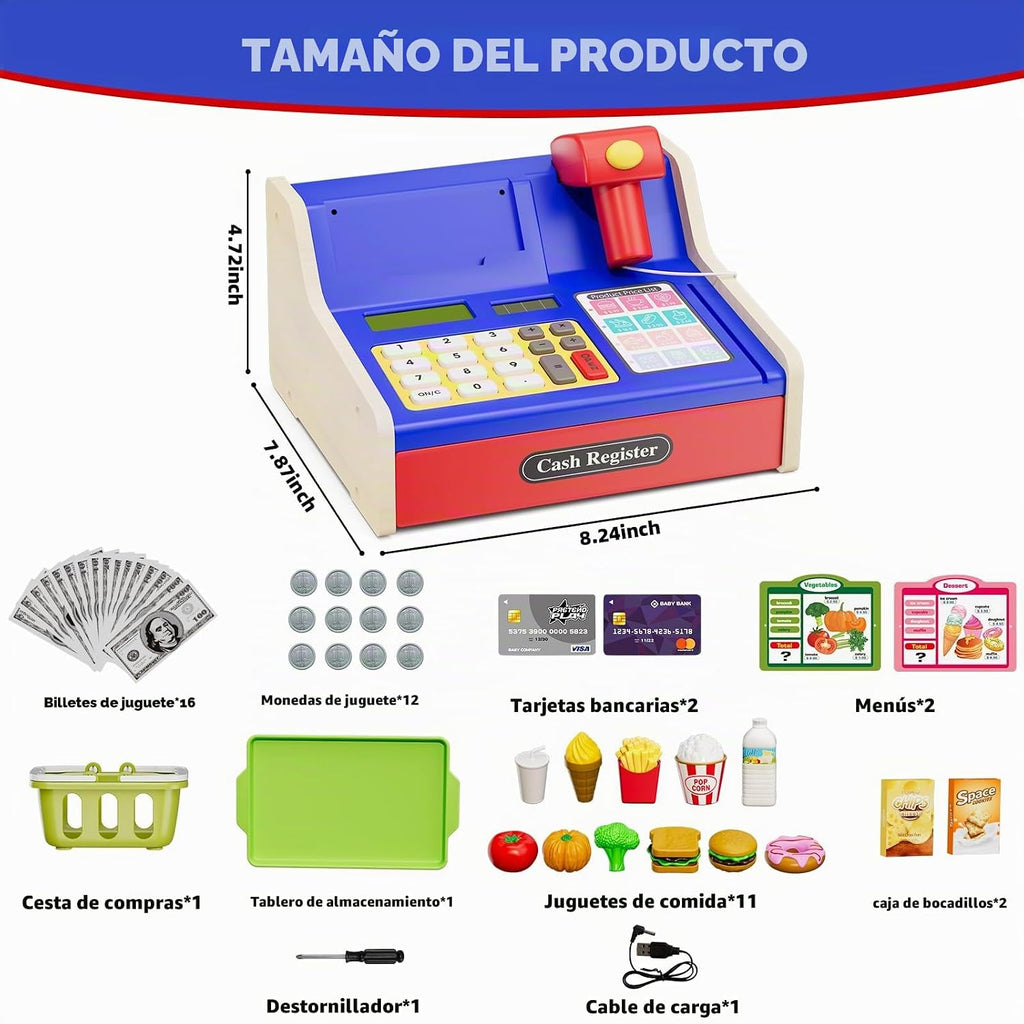 Caja registradora de madera recargable para niños, juguetes educativos para niños en color azul