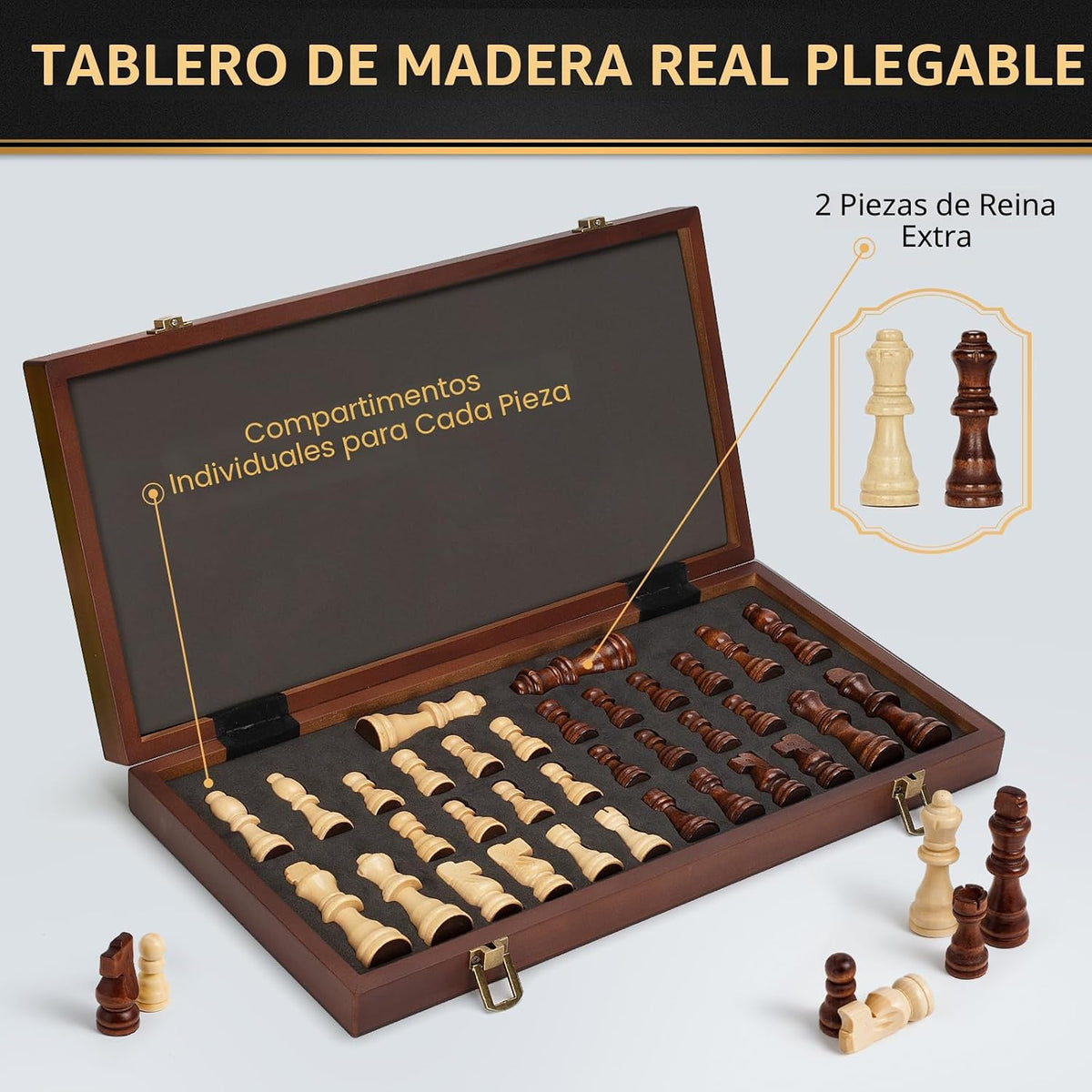 Juego de ajedrez magnético de madera, tablero de ajedrez plegable de 15 pulgadas con 2 ranuras de almacenamiento extra para reinas y piezas, juego de mesa de ajedrez de viaje portátil para adultos y