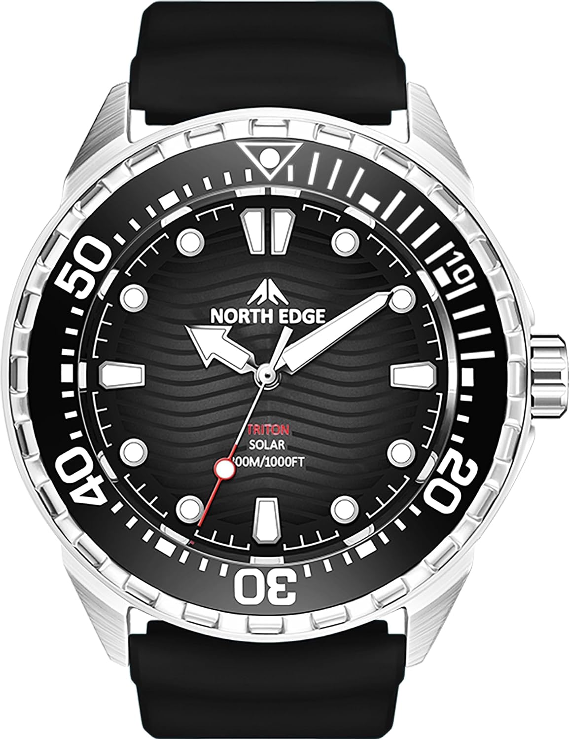 NORTH EDGE Reloj de buceo con energía solar, resistente al agua de 1000 pies/984.3 ft, esfera luminosa, correa de silicona de 1.803 in