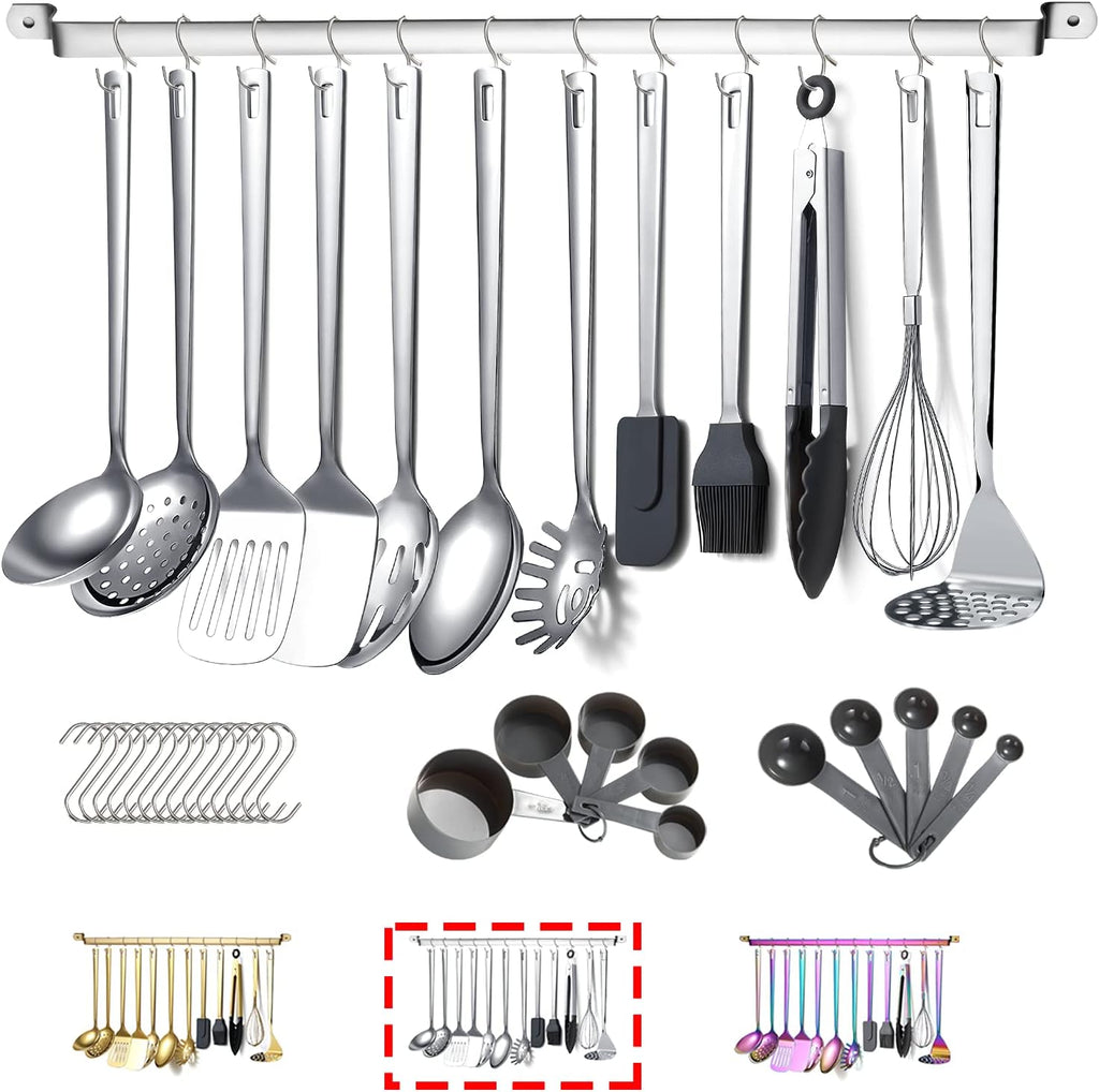 Kyraton - Juego de utensilios de cocina de acero inoxidable con de 37 piezas, juego de herramientas de cocina con soporte de utensilios, antiadherentes y resistentes al calor, aptos para lavavajillas