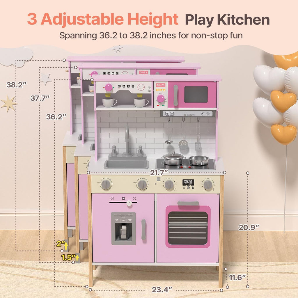 Cocina de madera para niños, altura ajustable, luces reales