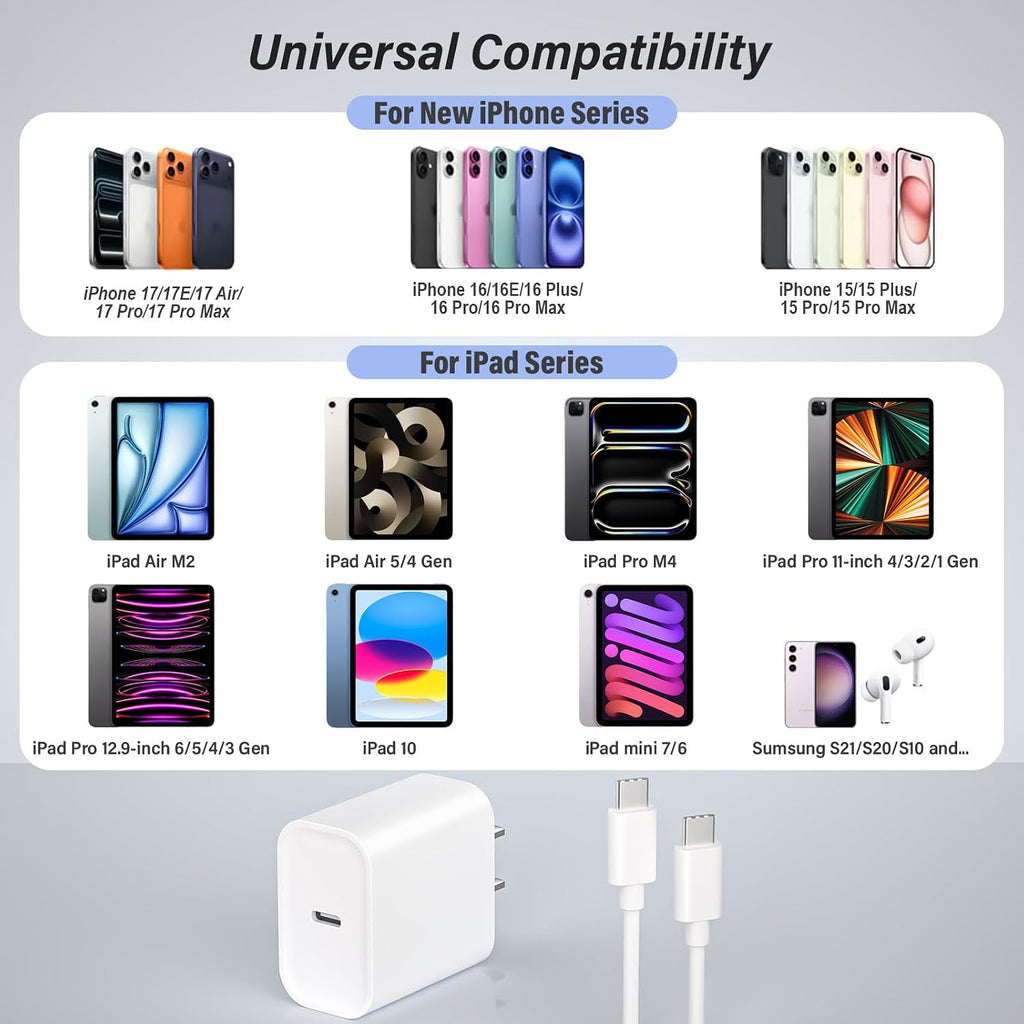 Bloque de cargador USB C rápido, paquete de 3 cables USBC a USBC de 6 pies de largo, cable para iPad, 20 W, iPhone 17 Pro Max, cargador de viaje, carga rápida para iPhone 17/17 Air/17 Pro/16/16e/16 Pro/16Plus/15/15Pro/Pro Max/Plus, iPad