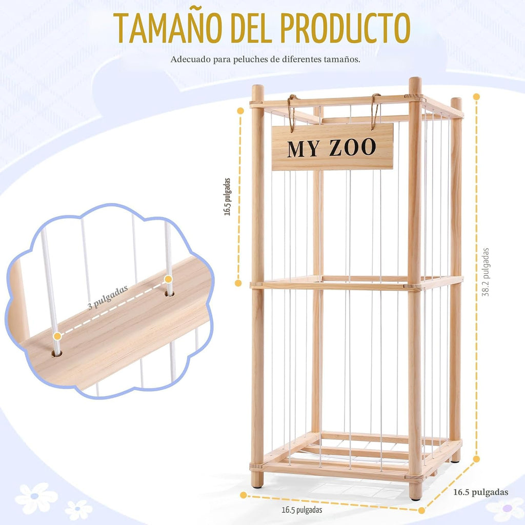 Almacenamiento de Animales de Peluche Zoo, Organizador de Animales de Peluche de Madera con Cuerdas Elásticas para Niños y Niñas, Soporte de Almacenamiento de Juguetes de Peluche que Ahorra