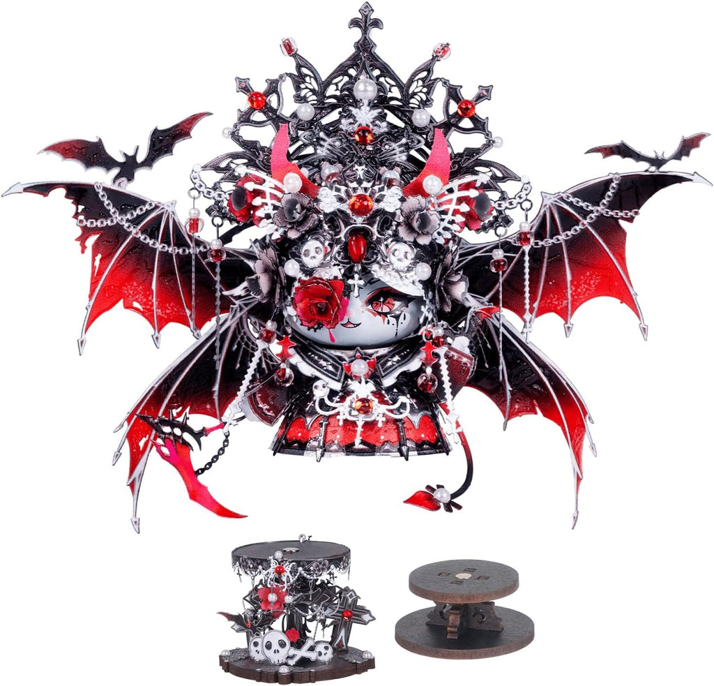 MU Rompecabezas de metal 3D para adultos, magnético, intercambiable, cabeza de gato, vampiro, reina oscura, gatito con 2 bases, rompecabezas espeluznante de metal, kits de construcción, juegos de bricolaje, amantes de los gatos, regalos coleccionables