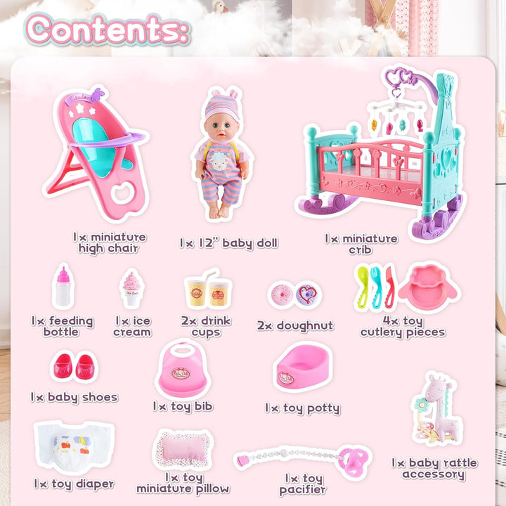 deAO Juego de Muñecas de Bebé de 12" con Cuna, Móvil, Silla Alt...