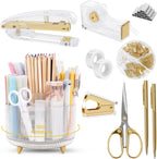 SKYDUE Juego de suministros de oficina dorados, soporte para lápices para escritorio, bolígrafo de gel, grapadora, dispensador de cinta, tijeras, clips y 1000 grapas, decoración de oficina para