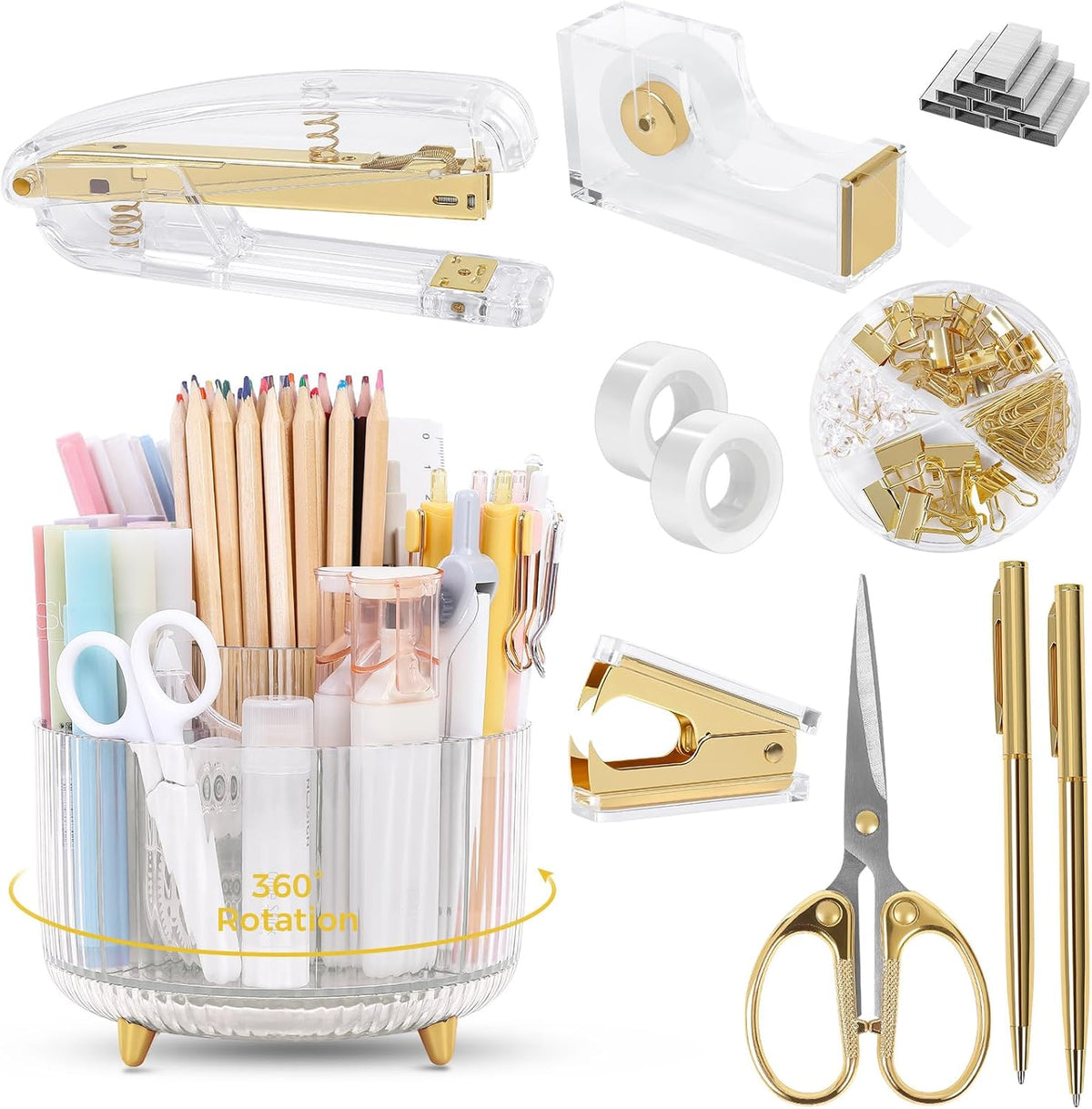 SKYDUE Juego de suministros de oficina dorados, soporte para lápices para escritorio, bolígrafo de gel, grapadora, dispensador de cinta, tijeras, clips y 1000 grapas, decoración de oficina para