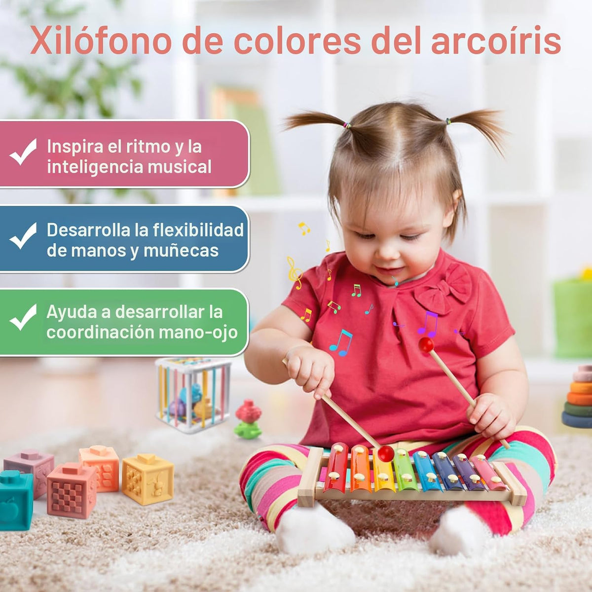 Juguetes Montessori para bebés pequeños, juego de apilamiento de madera 6 en 1