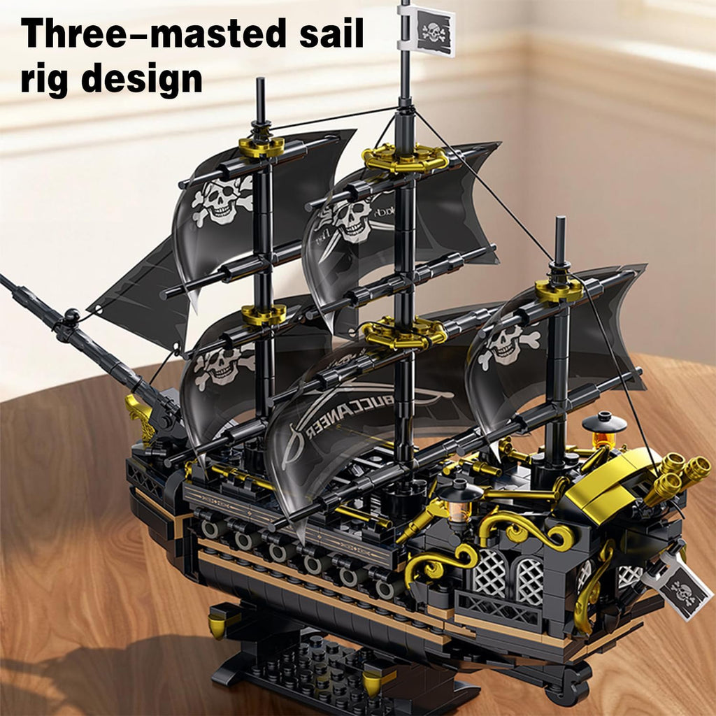 Juego de bloques de construcción de barco pirata, juguetes de barco pirata negro, 3 mástiles, kit de modelo clásico de barco de vela con soporte de exhibición, regalos de cumpleaños para adultos, niños, hombres, adolescentes y niños de 8 a 12 (801