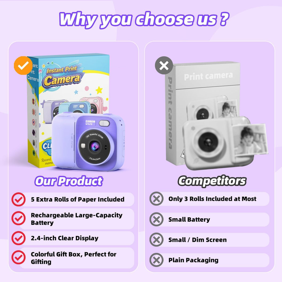 Cámara de impresión instantánea para niños con 5 rollos de papel de impresión, cámara HD 1080P, cámara portátil recargable para selfies, regalos de cumpleaños de Navidad, juguetes para niños y niñas
