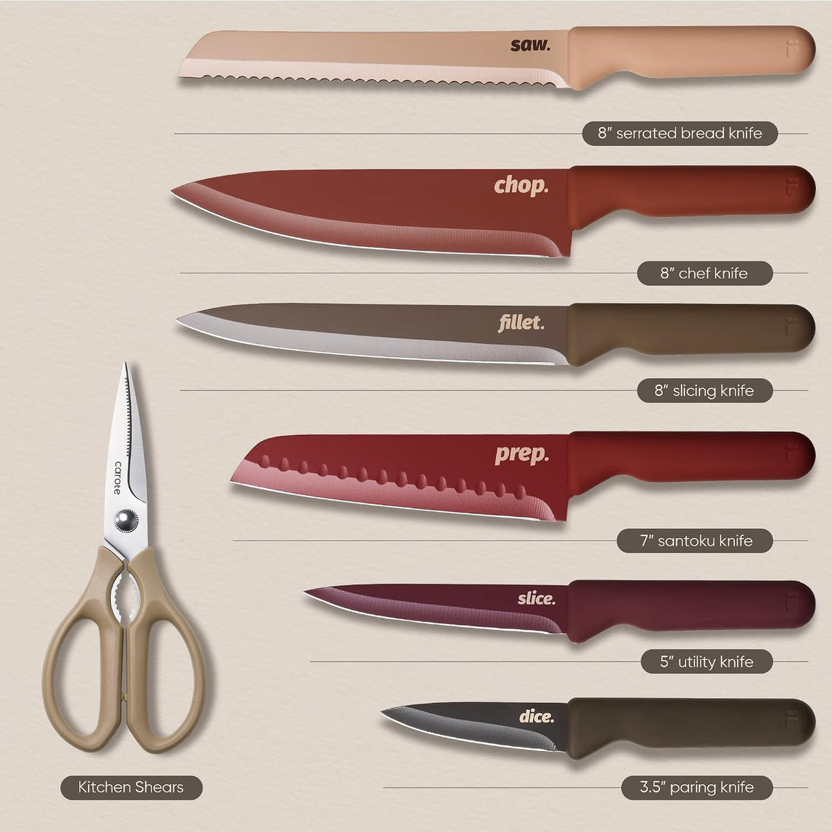 CAROTE - Juego de cuchillos de cocina, 6 cuchillos codificados por colores