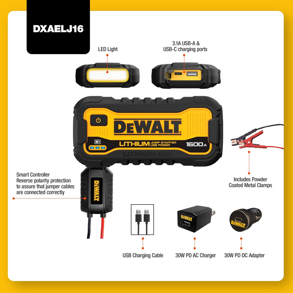 DeWalt DXAELJ16 Arrancador de Batería de 1600 Amperios Pico Reforzador de Batería con Estación de Energía USB