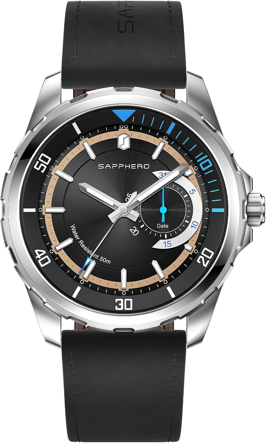 SAPPHERO Reloj para hombre con subesfera de fecha/esfera de números arábigos, cuarzo analógico, correa de acero inoxidable/piel, 164 ft impermeable, reloj de pulsera de vestir casual para trabajo de