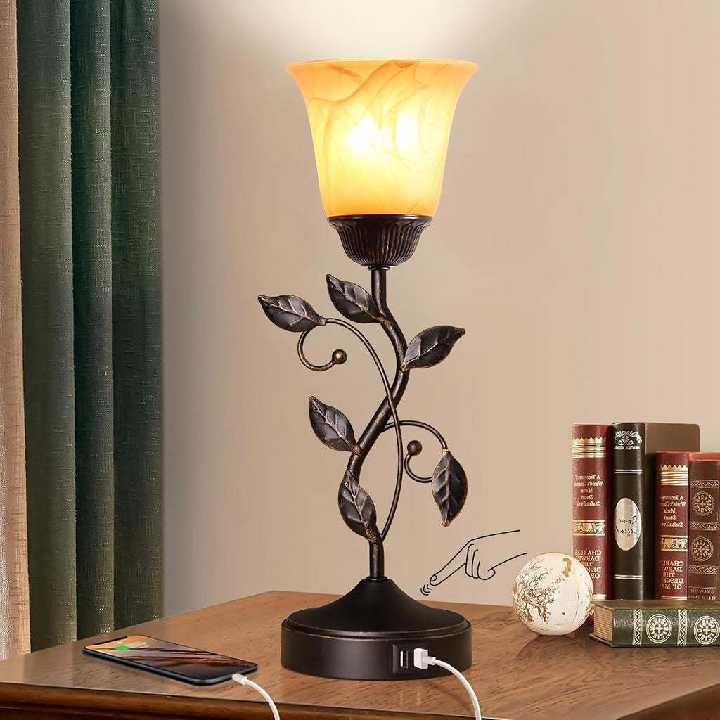 Lámpara Lámpara de mesa con control táctil con 2 puertos de carga USB, lámparas de mesita de noche regulables de 3 vías, pantalla de vidrio ámbar, lámpara de hojas rurales vintage para sala de estar