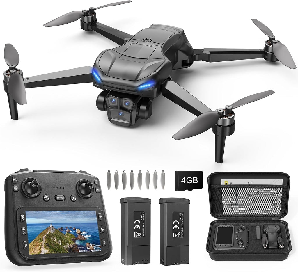 Drone GPS con cámara 4K para adultos, cuadricóptero plegable RC con controlador de pantalla HD de 4.5 pulgadas, motor sin escobillas, retorno automático GPS, vuelo de 60 minutos, tarjeta SD de 4 GB