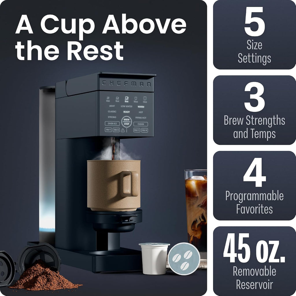 Chefman Caffeinator - Cafetera de una sola porción, Kcups y molidos, cafetera de goteo con ajustes de fuerza de preparación, función de café helado, depósito de agua extraíble de 45 onzas