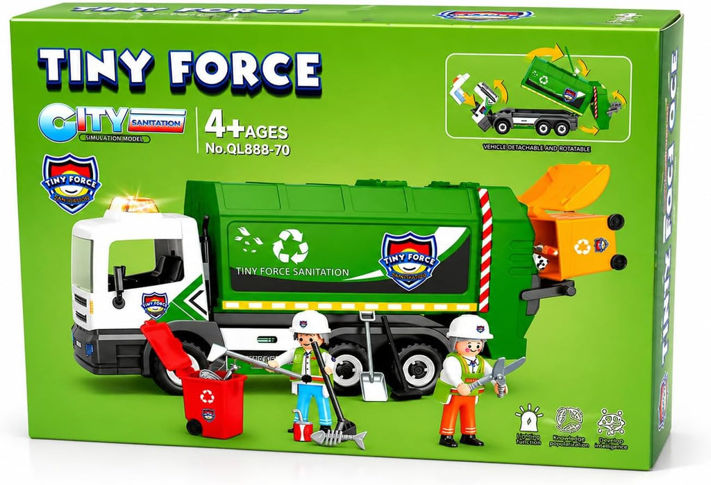 Juego de juguetes de camión de basura con 2 figuras de acción, contenedor de basura, accesorios de limpieza y basura de simulación, a partir de 4 años