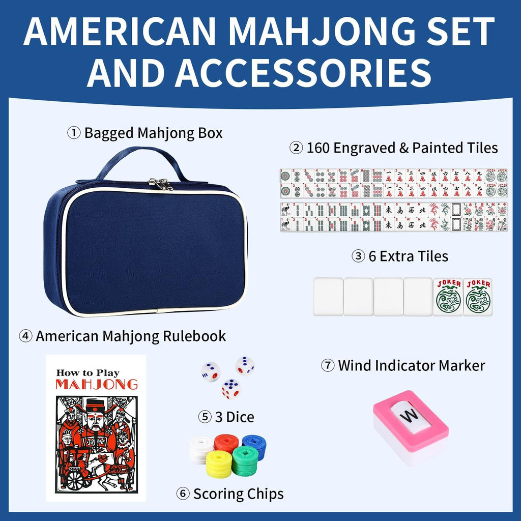 Juego de mahjong americano prémium con bolsa de transporte azul duradera, 166 azulejos blancos, incluye fichas y dados, juego de azulejos Mahjong portátil de viaje completo