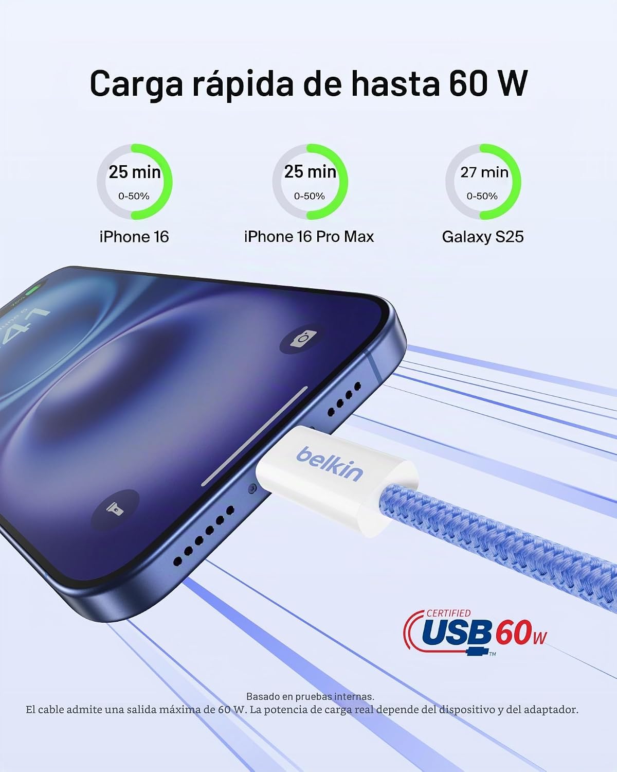 Belkin Cable USB C a USB C, paquete de 2 unidades, 9.9 pies, 60 W, cargador tipo C, cable de carga para iPhone, suave, trenzado, flexible para iPhone 17, Galaxy S25, Pixel 10, Airpods, iPad Pro y más