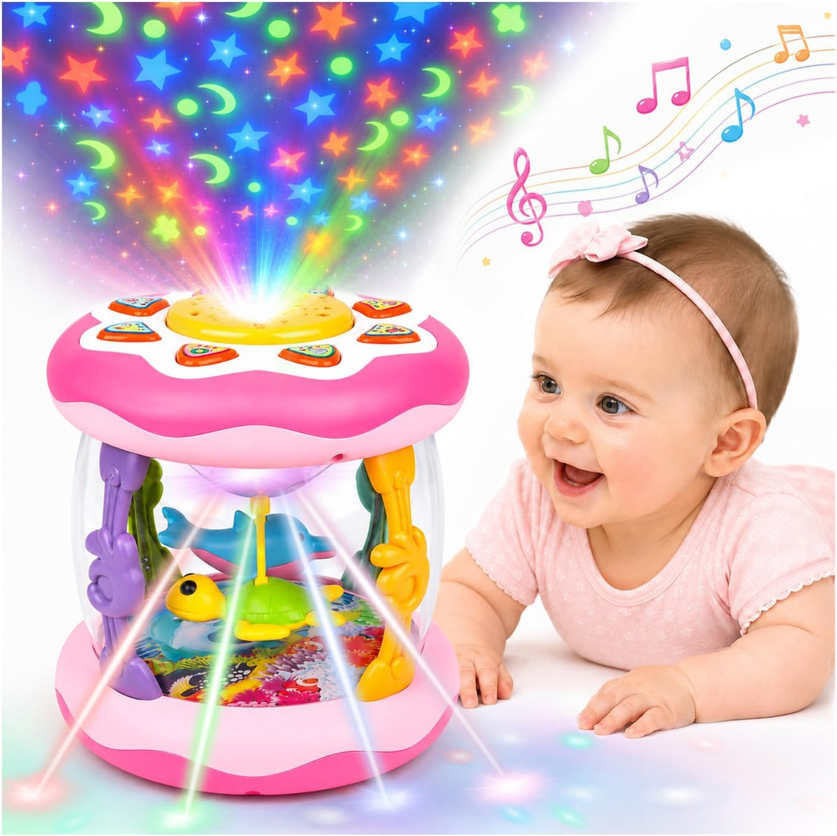 Juguete para Bebé Niña 0-6 Meses: Proyector Giratorio Oceánico Musical con Luz