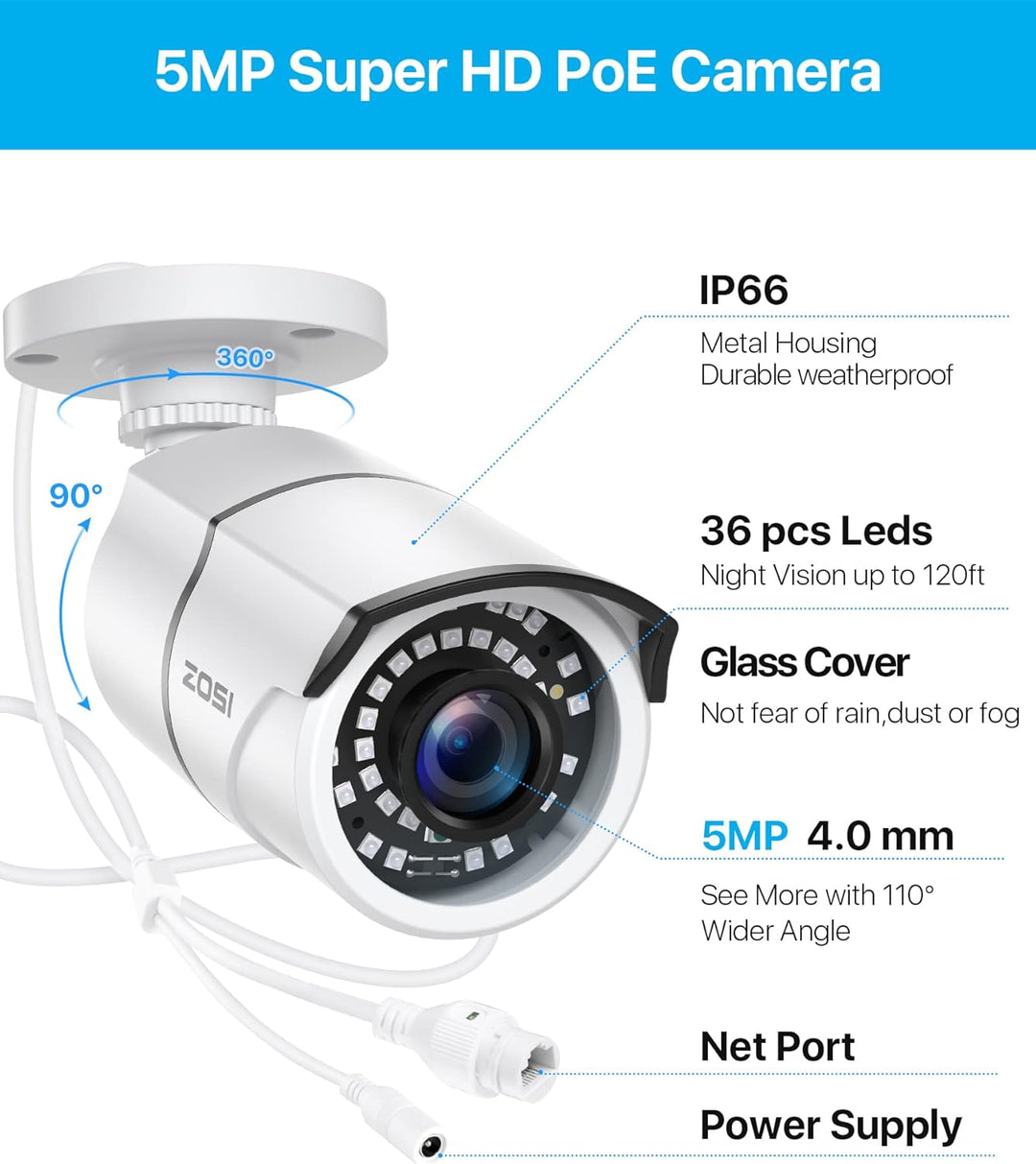 ZOSI ZG2615E - Cámara de seguridad impermeable POE de 5MP con visió...
