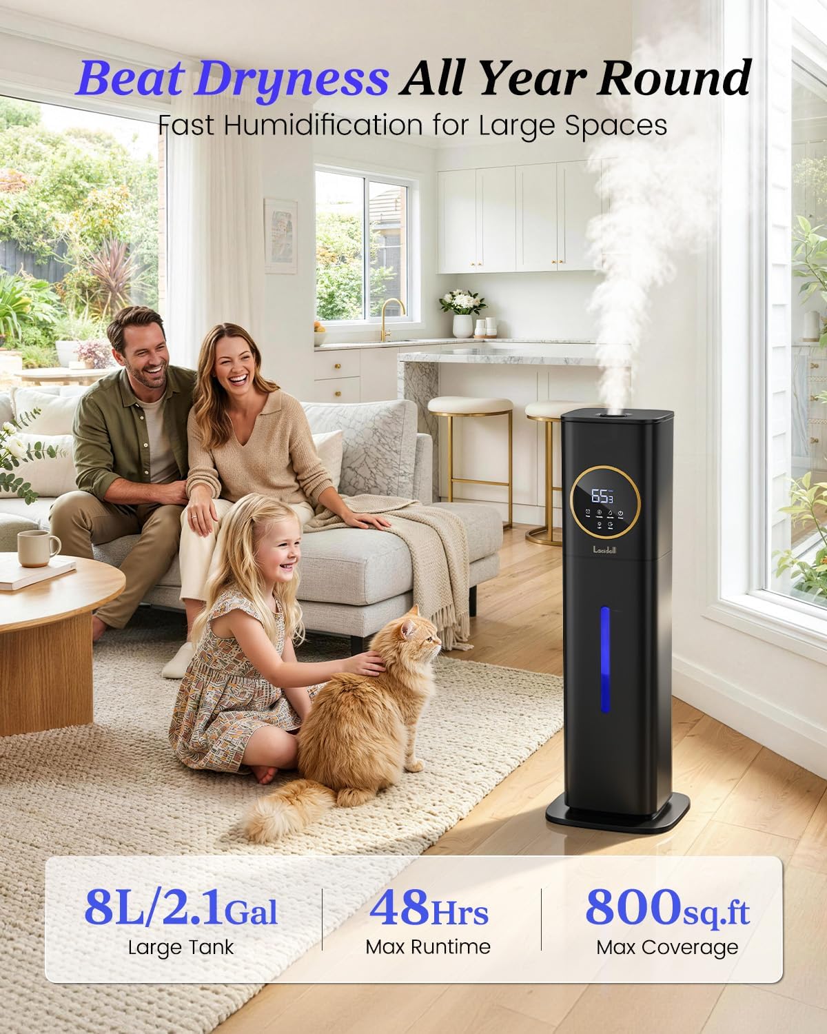 Humidificador para Habitación Grande Dormitorio con Luz Nocturna, 2.1Gal (8L) Humidificadores para el Hogar con Difusor de Aceite Esencial, Humidificadores de Niebla Fría de Llenado Superior para Toda