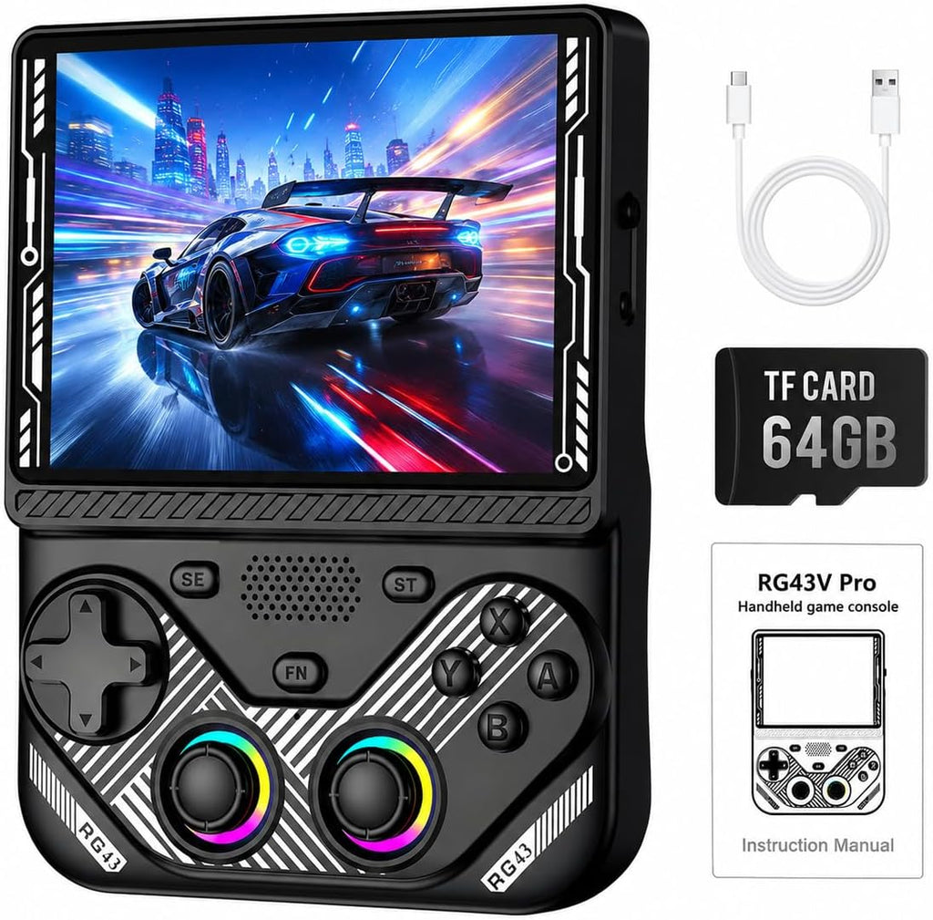 RG43V Pro - Consola de juegos portátil retro, pantalla IPS HD de 4.3 pulgadas, procesador de cuatro núcleos RK3562, soporte de 64 GB, más de 30 emuladores y más de 22000 juegos, multijugador WiFi 6