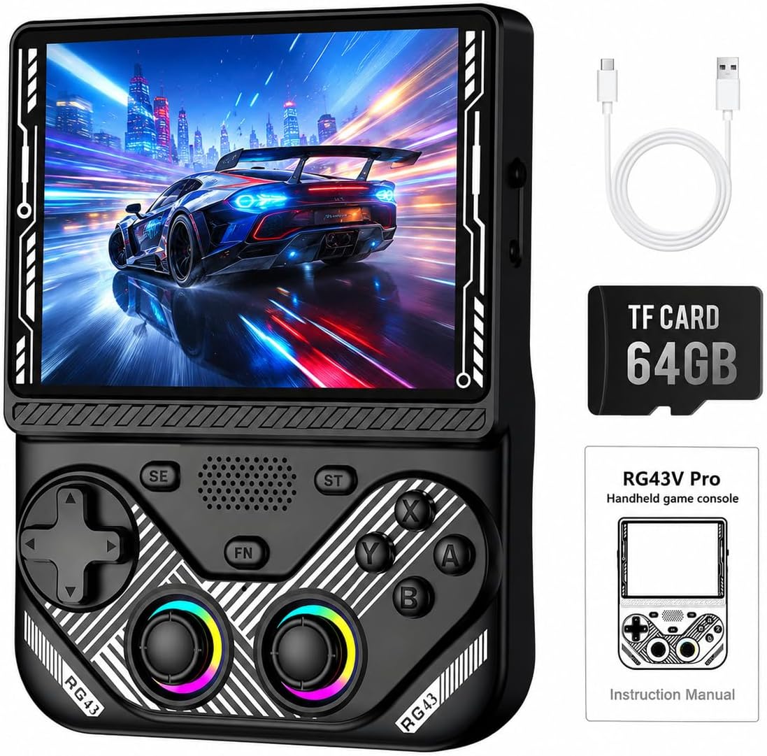 RG43V Pro - Consola de juegos portátil retro, pantalla IPS HD de 4.3 pulgadas, procesador de cuatro núcleos RK3562, soporte de 64 GB, más de 30 emuladores y más de 22000 juegos, multijugador WiFi 6