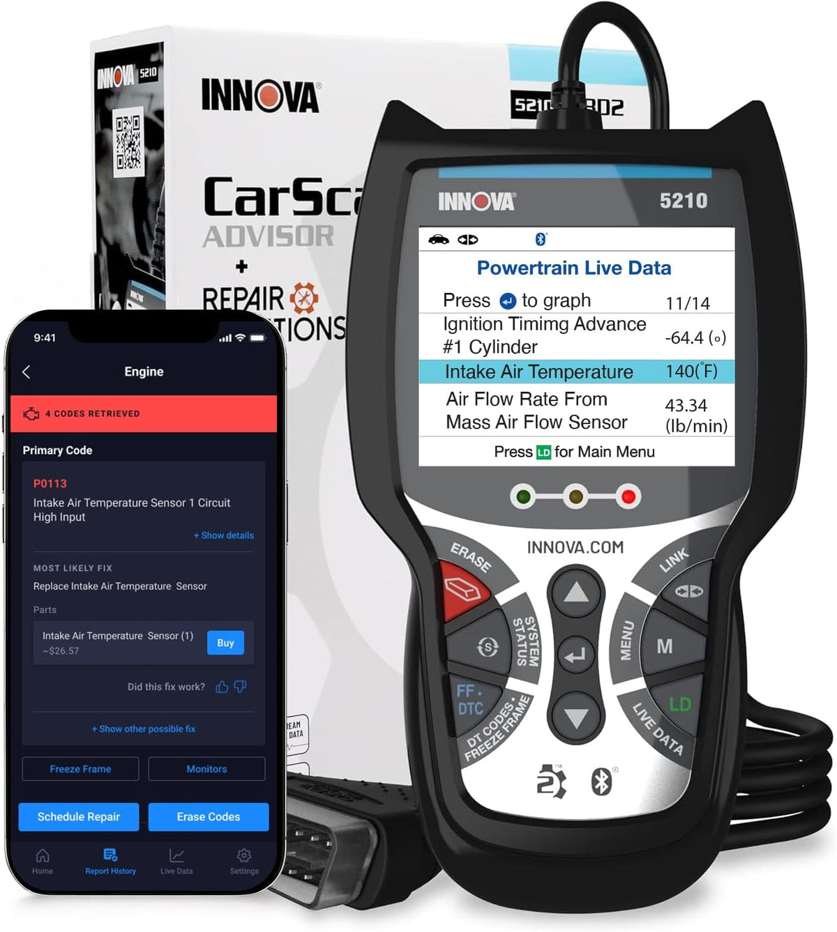 Innova 5210 - Escáner OBD2 y lector de códigos de motor, probador de batería, datos en vivo, reinicio de aceite, herramienta de diagnóstico para la mayoría de los vehículos, compatible con Bluetooth
