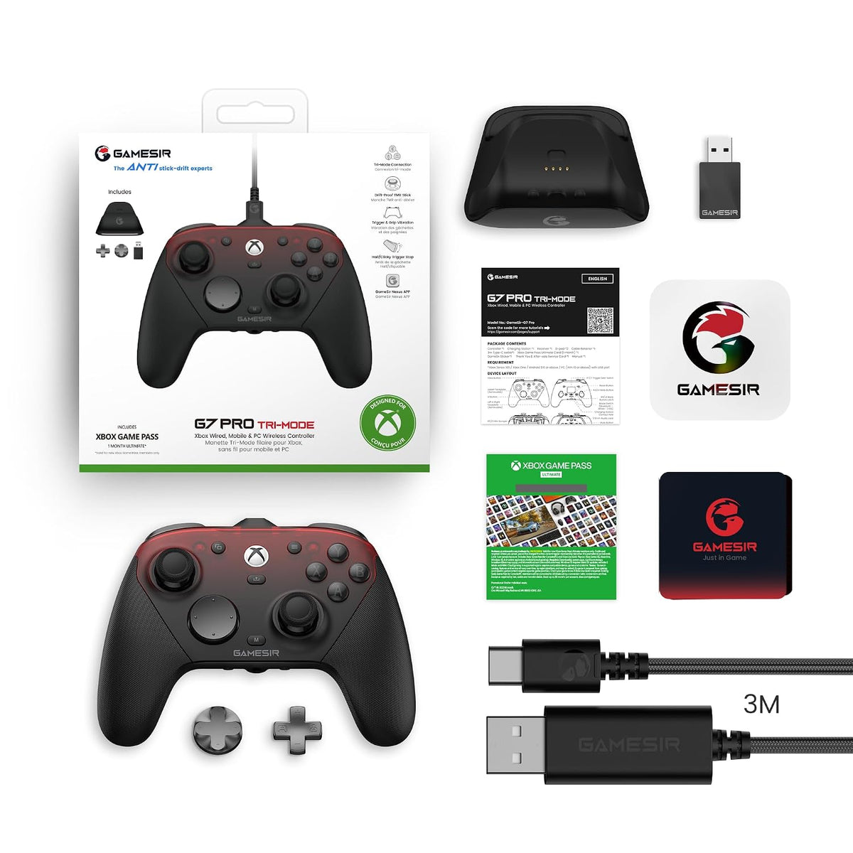 GameSir G7 Pro Control inalámbrico con cable para Xbox Series X|S, Xbox One, Gamepad inalámbr de PC y Android con sticks TMR, gatillos analógicos de efecto Hall, tasa de sondeo 1000 Hz, con conector de audio de 3.5 mm - Negro