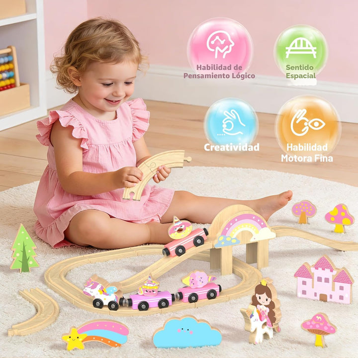 Juego de tren de madera de unicornio para niñas pequeñas de 2 a 4 a...
