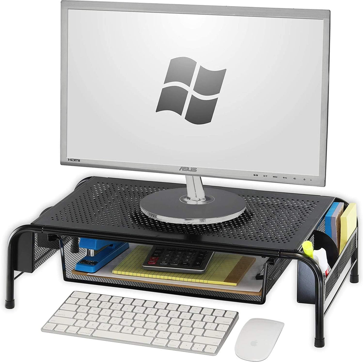 Simple Houseware Base Metálica Elevadora para Monitor de Escritorio con Cajón Organizador, Negro