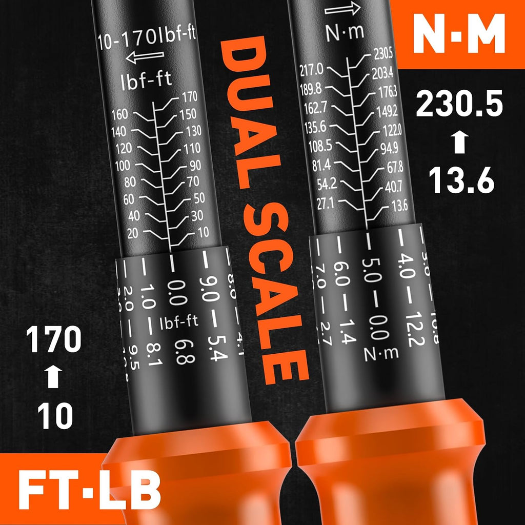 HORUSDY Juego de llaves dinamométricas de clic de accionamiento de 1/2 pulgada – 10-170 ft-lb / 13.6–230.5 Nm, ±3% de precisión, escala doble, cabezal reversible de 72 dientes con extensión de 5